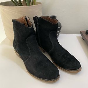 Black Suede MTNG brand booties with silver detail on heel and toe. Size 9